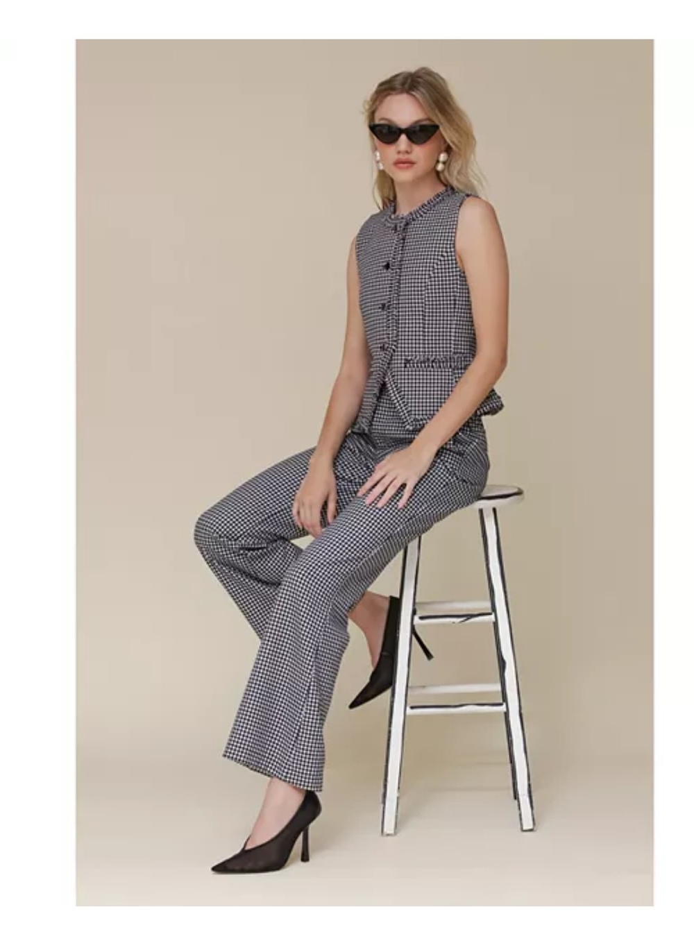 Avec Les Filles Black & White Gingham Boot-Cut Jumpsuit Set
